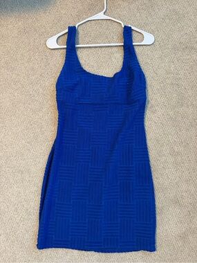 Blue Textured Square-Pattern Sleeveless Dress